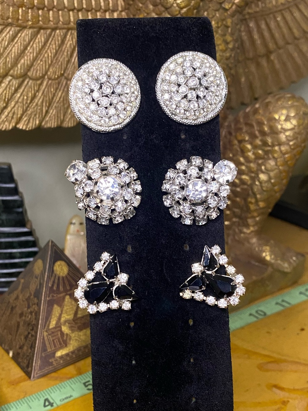 Vintage Cluster Stud Earring Trio - Clear and Black